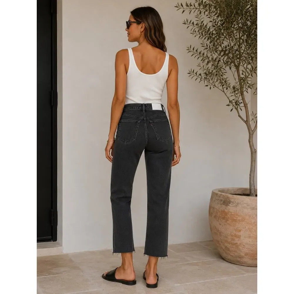 NWT RE/DONE 70s Stove Pipe Jeans 28 Washed Noir High Rise Straight Crop Raw Hem
